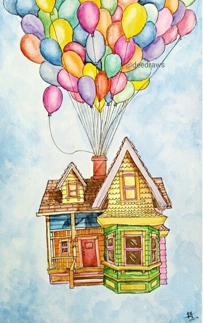 Очень красивые картинки Дом на шариках для срисовки, раскраски - подборка 1