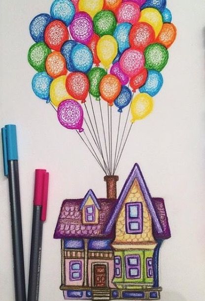Очень красивые картинки Дом на шариках для срисовки, раскраски - подборка 5