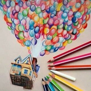 Очень красивые картинки Дом на шариках для срисовки, раскраски - подборка 9