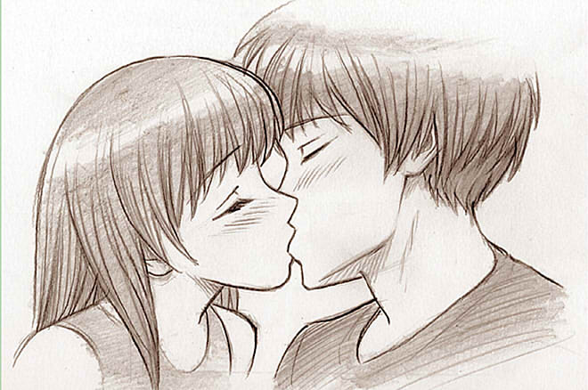 Красивые и милые рисунки карандашом для срисовки поцелуи 19