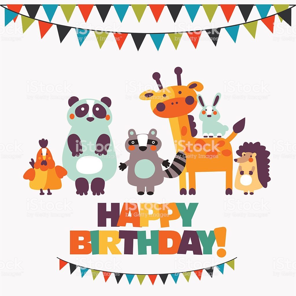 Happy birthday - lovely vector card with funny animals in bright colors