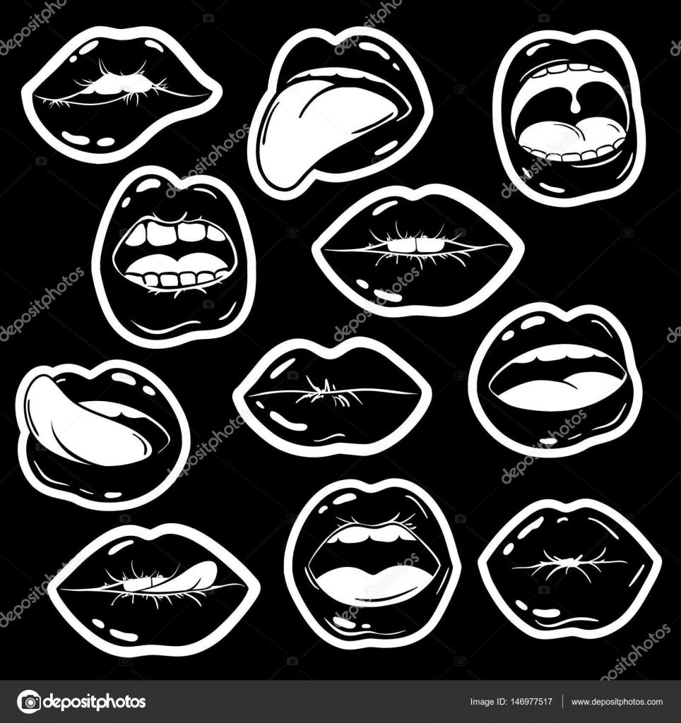 Black And White Set Of Female Lips Stickers In Pop Comic Style.