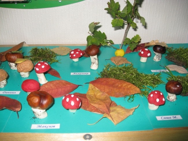 Поделка грибная полянка из пластилина для детей014