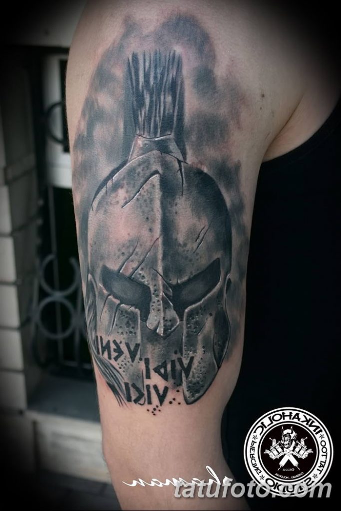 warrior tattoo on bicep spartan helmet tattoo tattoo Pinterest