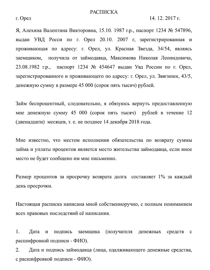 Как правильно написать расписку о займе денег в долг под проценты образец