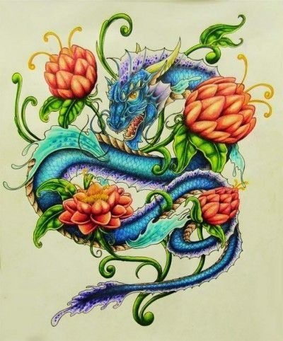 Эскиз дракон с цветами - подборка фото013