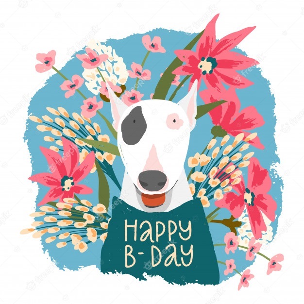 Открытка с днем ​​рождения   собачка, цветы и шарики (17)