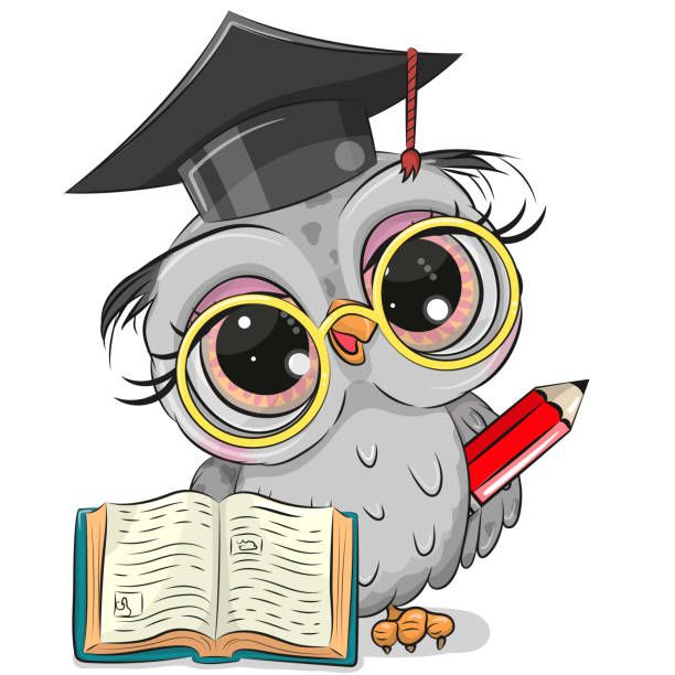 Cute Clever owl with pencil, book and in graduation cap